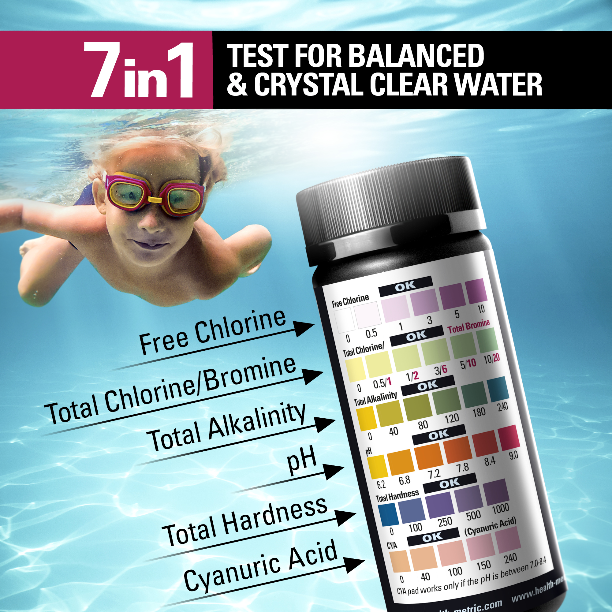 Pool & Spa Test Kit - Comprehensive 7-in-1 Analysis - For Balanced and Crystal Clear Water